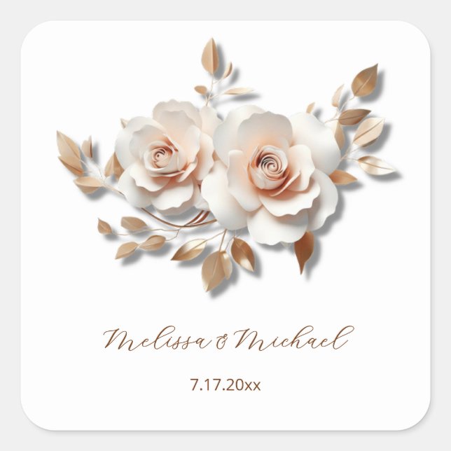Rose Gold Blush Pink 3D Roses Your Names Wedding Square Sticker (Front)