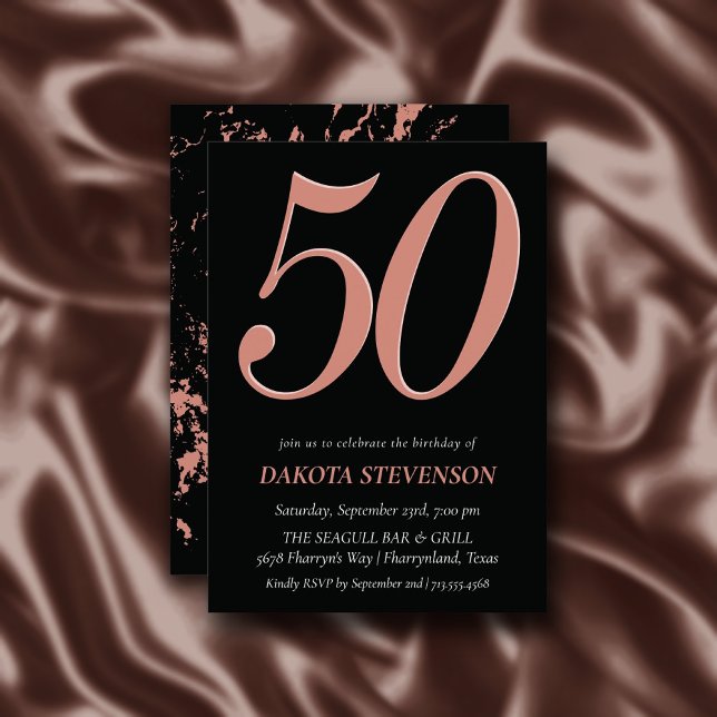 Rose Gold Blush Pink 50 on Black | Birthday Party Invitation (Creator Uploaded)