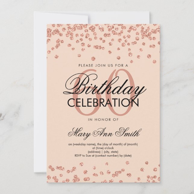 Rose Gold Blush Pink 60th Birthday Party Confetti Invitation (Front)
