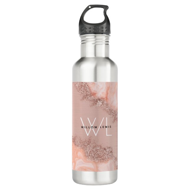 Rose Gold Blush Pink Agate Geode Glitter Monogram 710 Ml Water Bottle (Front)