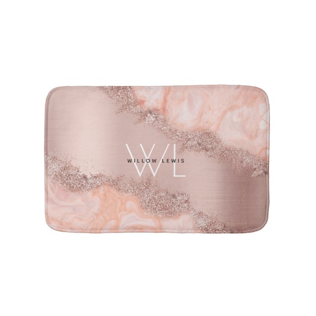 Rose Gold Blush Pink Agate Geode Glitter Monogram Bath Mat (Front)