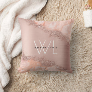 Rose Gold Blush Pink Agate Geode Glitter Monogram Cushion