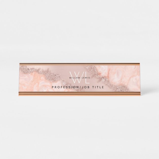 Rose Gold Blush Pink Agate Geode Glitter Monogram Desk Name Plate (Front)