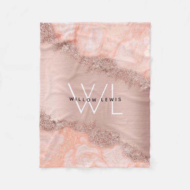 Rose Gold Blush Pink Agate Geode Glitter Monogram Fleece Blanket (Front)