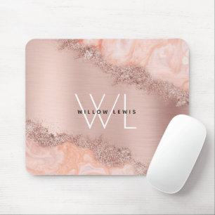 Rose Gold Blush Pink Agate Geode Glitter Monogram Mouse Mat