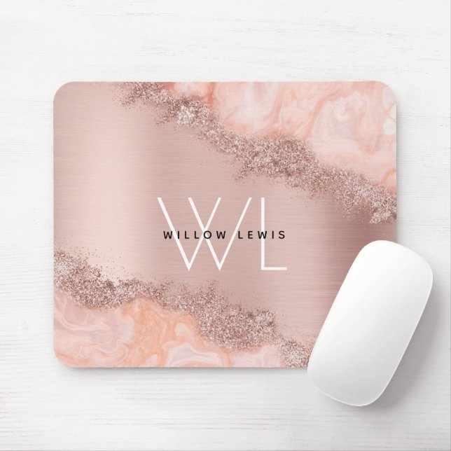 Rose Gold Blush Pink Agate Geode Glitter Monogram Mouse Mat (With Mouse)