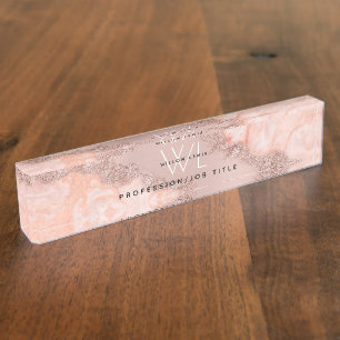 Rose Gold Blush Pink Agate Geode Glitter Monogram Nameplate