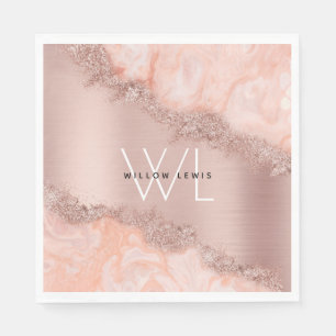 Rose Gold Blush Pink Agate Geode Glitter Monogram Napkin