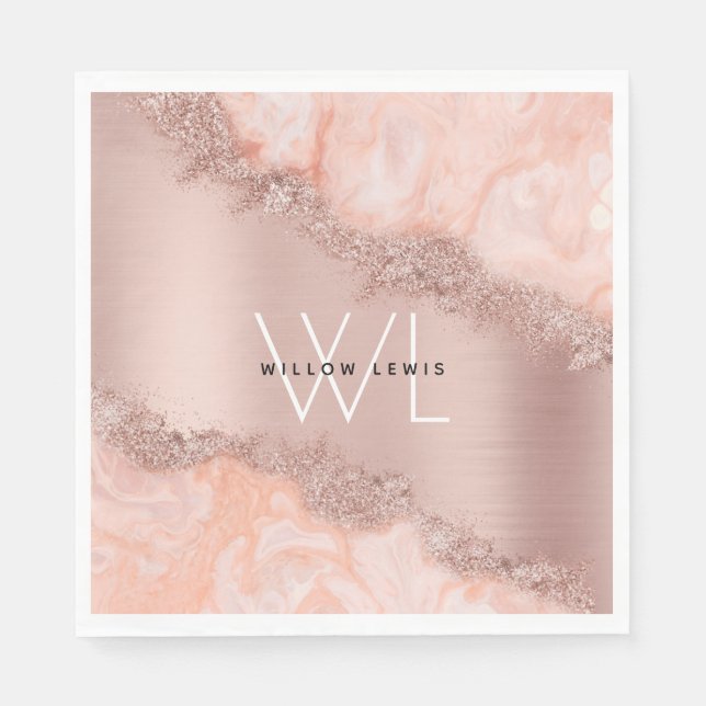 Rose Gold Blush Pink Agate Geode Glitter Monogram Napkin (Front)