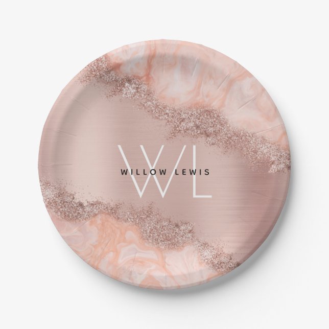 Rose Gold Blush Pink Agate Geode Glitter Monogram Paper Plate (Front)