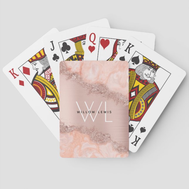 Rose Gold Blush Pink Agate Geode Glitter Monogram Playing Cards (Back)