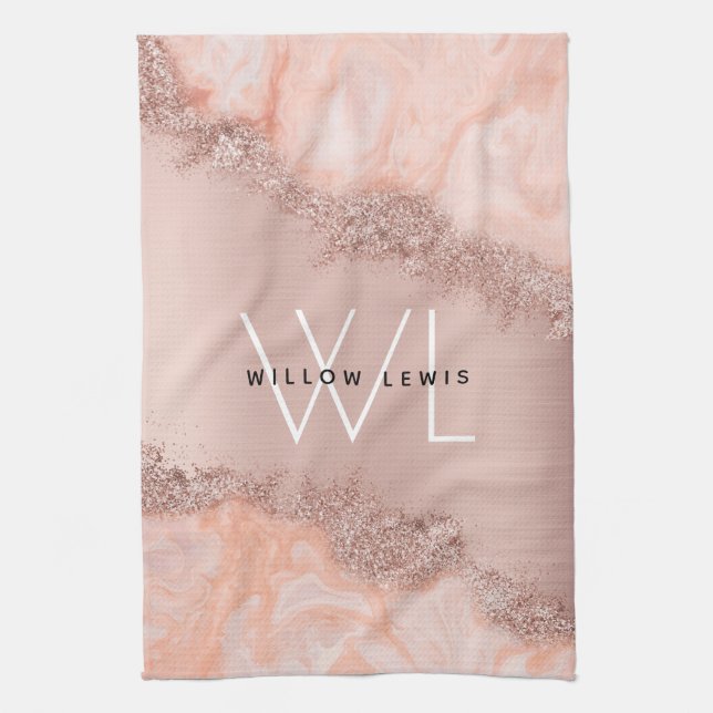 Rose Gold Blush Pink Agate Geode Glitter Monogram  Tea Towel (Vertical)