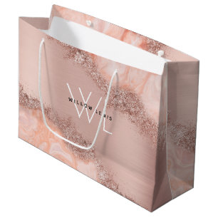 Rose Gold Blush Pink Agate Geode Glitter Monogramt Large Gift Bag