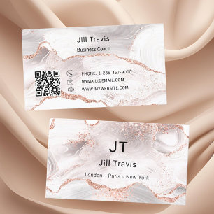 Rose gold blush pink agate marble QR code  Business Card