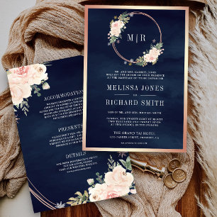 Rose Gold Blush Pink All in One Navy Blue Wedding Invitation