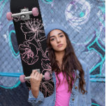 Rose Gold Blush Pink Black Floral Line Art Skateboard<br><div class="desc">Rose gold blush pink line art cherry blossoms on a black background. Elegant feminine design.</div>