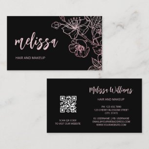 Rose Gold Blush Pink Black Floral   QR Code Busine Business Card