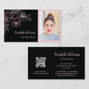 Rose Gold Blush Pink Black Floral QR Code Busine Business Card