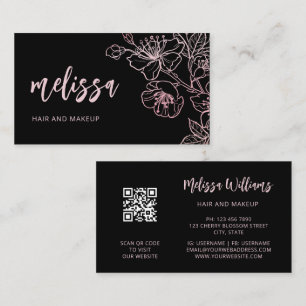 Rose Gold Blush Pink Black Floral QR Code Busine Business Card