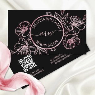 Rose Gold Blush Pink Black Floral   QR Code Business Card