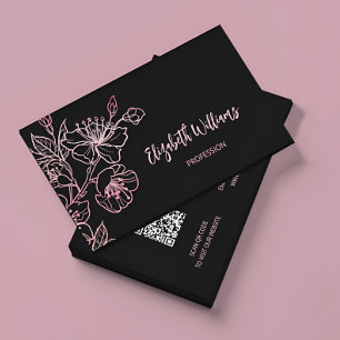 Rose Gold Blush Pink Black Floral   QR Code Business Card