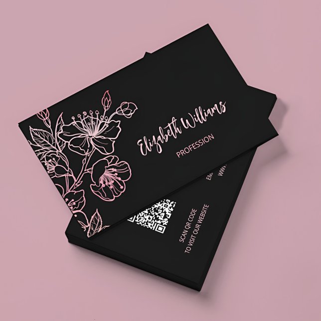 Rose Gold Blush Pink Black Floral | QR Code Business Card (Creator Uploaded)