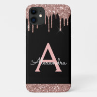 Rose Gold Blush Pink Black Glitter Monogram