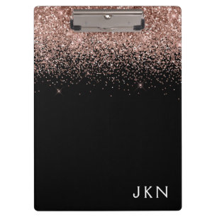Rose Gold Blush Pink Black Glitter Monogram Girly Clipboard