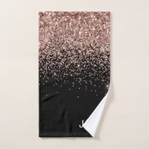 Rose Gold Blush Pink Black Glitter Monogram Girly Hand Towel