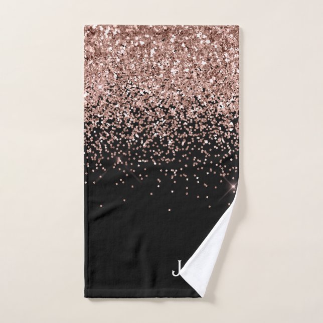 Rose Gold Blush Pink Black Glitter Monogram Girly Hand Towel (Hand Towel)