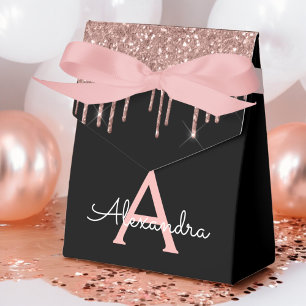 Rose Gold - Blush Pink Black Glitter Monogram Name Favour Box