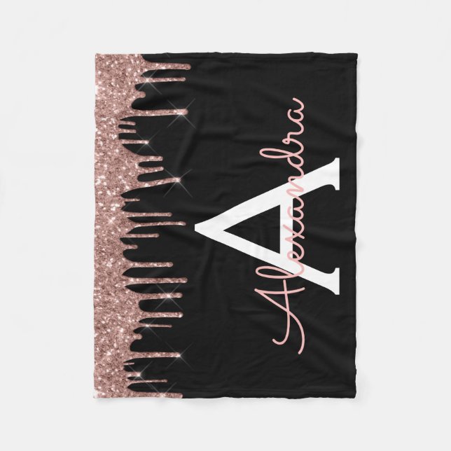 Rose Gold - Blush Pink Black Glitter Monogram Name Fleece Blanket (Front)