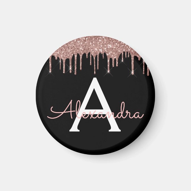 Rose Gold - Blush Pink Black Glitter Monogram Name Magnet (Front)