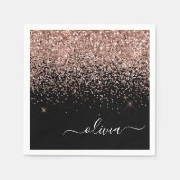 Rose Gold - Blush Pink Black Glitter Monogram Name