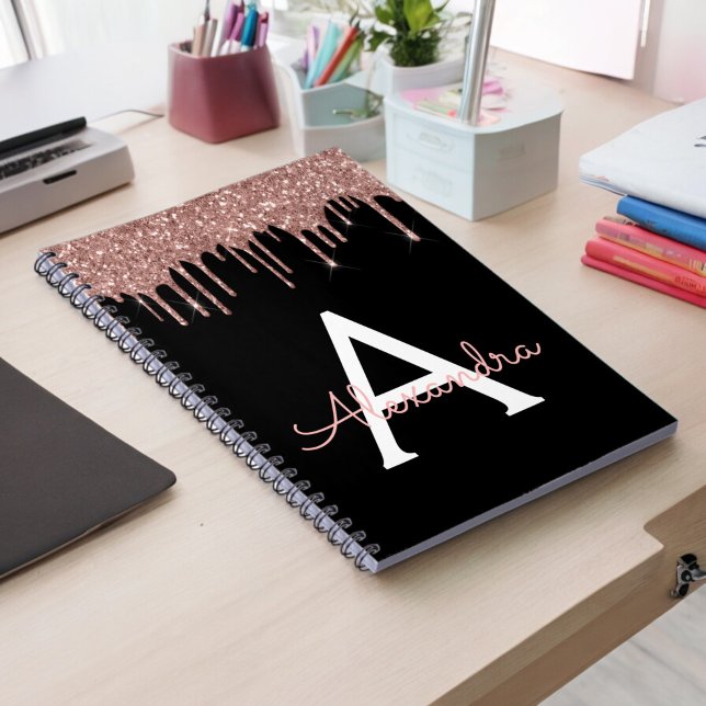 Rose Gold - Blush Pink Black Glitter Monogram Name Notebook (Creator Uploaded)