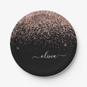 Rose Gold - Blush Pink Black Glitter Monogram Name Paper Plate
