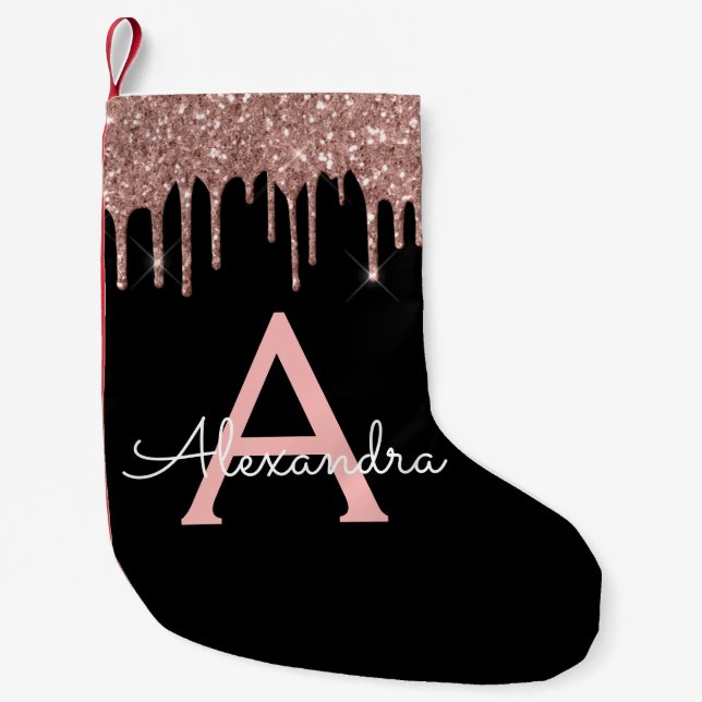 Rose Gold - Blush Pink Black Glitter Monogram Name Small Christmas Stocking (Front)