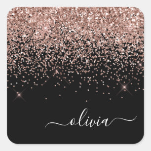 Rose Gold - Blush Pink Black Glitter Monogram Name Square Sticker