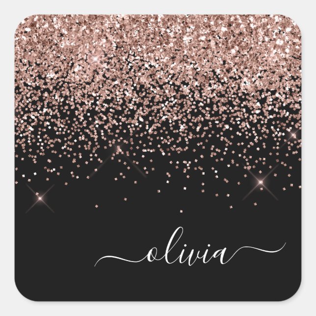 Rose Gold - Blush Pink Black Glitter Monogram Name Square Sticker (Front)
