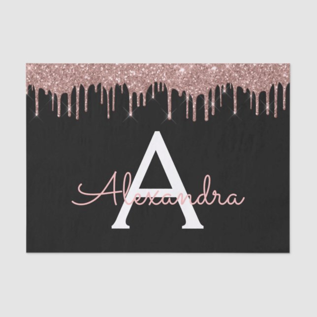 Rose Gold - Blush Pink Black Glitter Monogram Name Tissue Paper (Front)