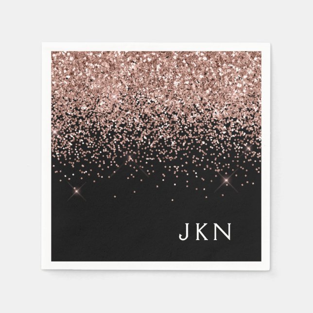 Rose Gold Blush Pink Black Glitter Monogram Napkin (Front)