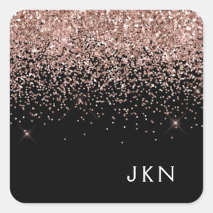 Rose Gold Blush Pink Black Glitter Monogram Square Sticker
