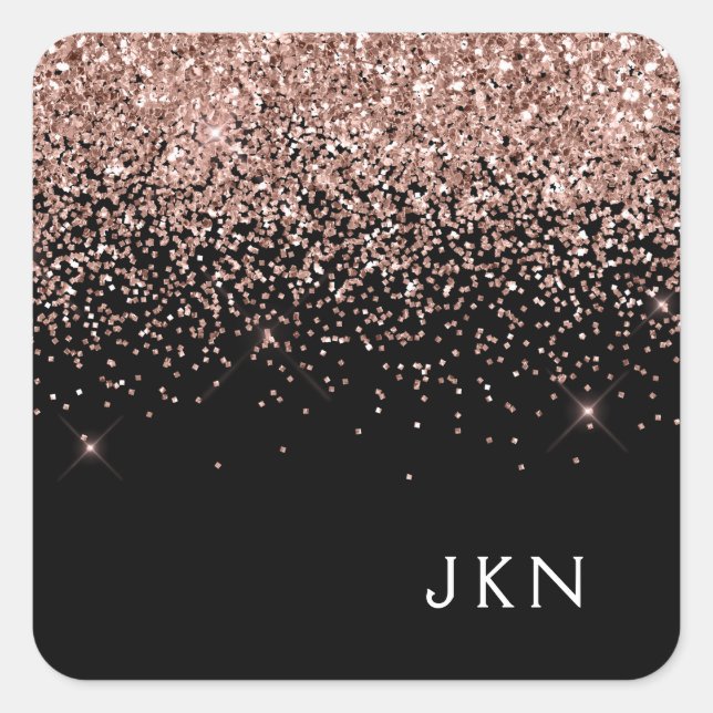 Rose Gold Blush Pink Black Glitter Monogram Square Sticker (Front)