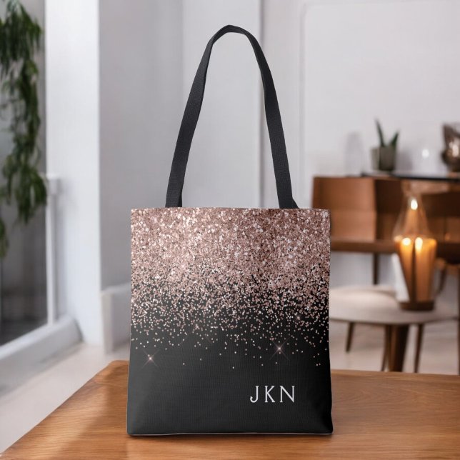 Rose Gold Blush Pink Black Glitter Monogram Tote Bag (Creator Uploaded)