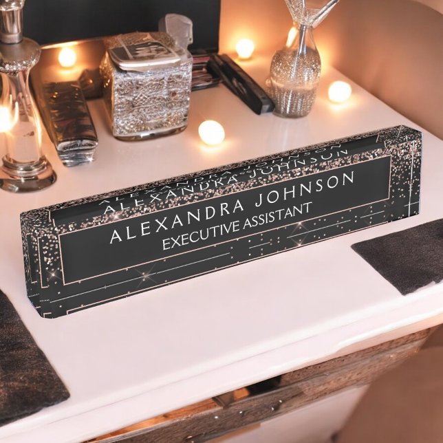 Rose Gold Blush Pink Black Glitter Professional Nameplate (Creator Uploaded)