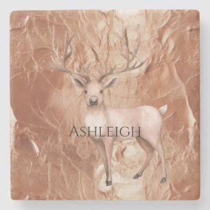 Rose Gold Blush Pink Boho Deer Tree Stone Coaster