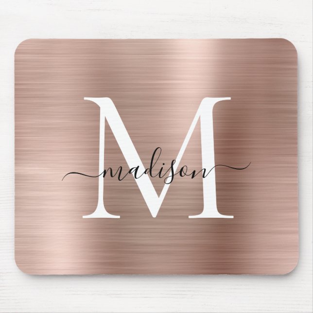 Rose Gold Blush Pink Brushed Metal Monogram Script Mouse Mat (Front)
