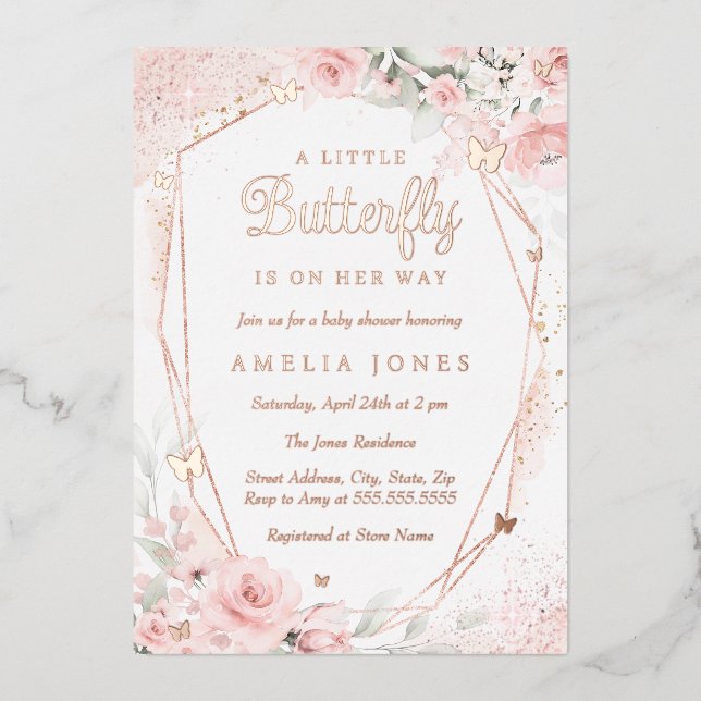 Rose Gold Blush Pink Butterfly Floral Baby Shower (Front)