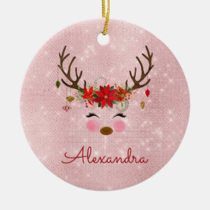 Rose Gold - Blush Pink Christmas Reindeer Monogram Ceramic Tree Decoration
