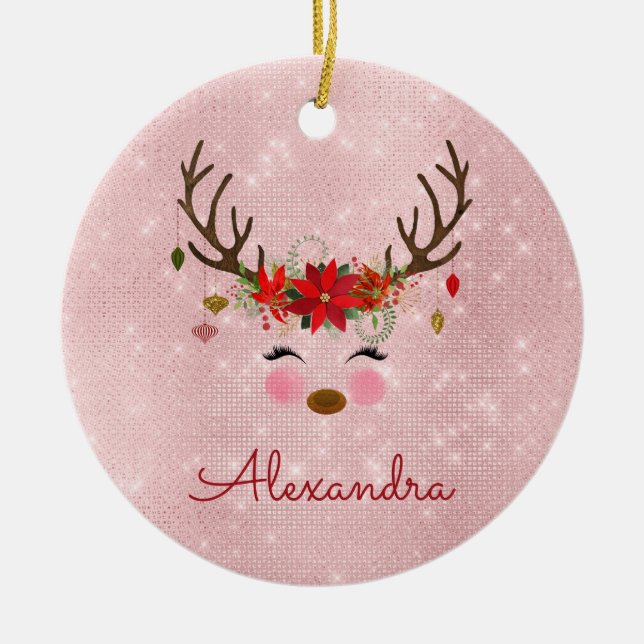 Rose Gold - Blush Pink Christmas Reindeer Monogram Ceramic Tree Decoration (Front)